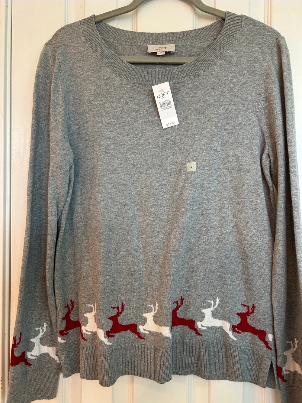 LOFT Gray Sweater with Red and White Reindeer Border